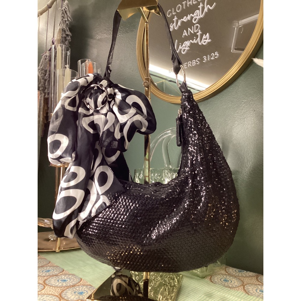 Giannini Black Sequin Hobo Shoulder Bag with Scarf Accent Faux Leather Strap